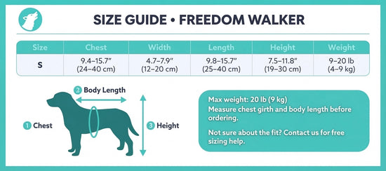 Freedom Walker dog wheelchair size guide – Small (S) sizing chart with back length and body weight measurements.