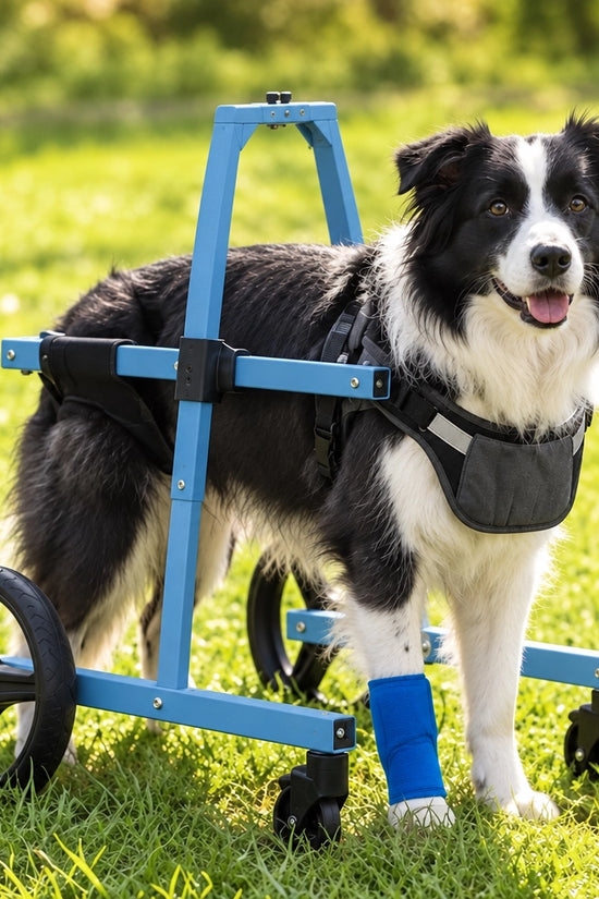 Border Collie walking outdoors on grass while wearing the FrontRise Pro front-leg wheelchair with a matte blue frame.