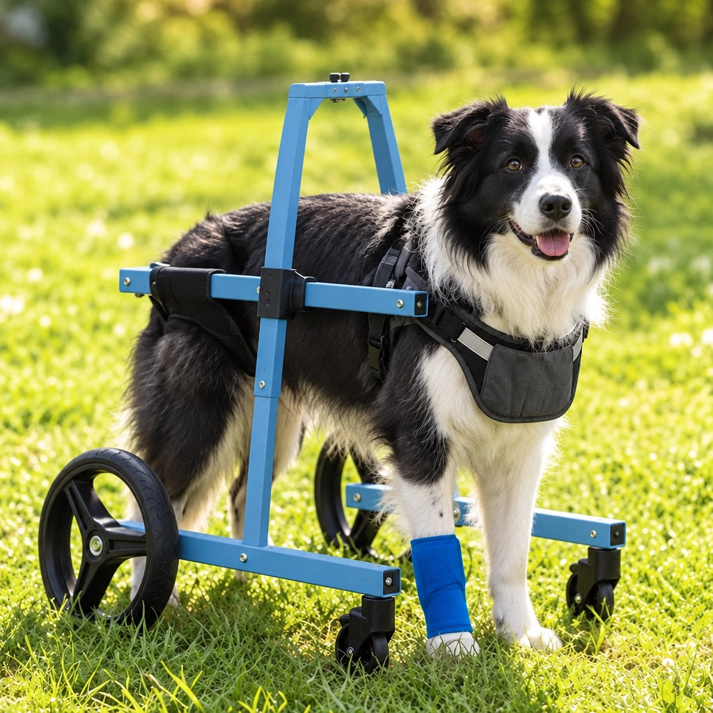 Border Collie walking outdoors on grass while wearing the FrontRise Pro front-leg wheelchair with a matte blue frame.