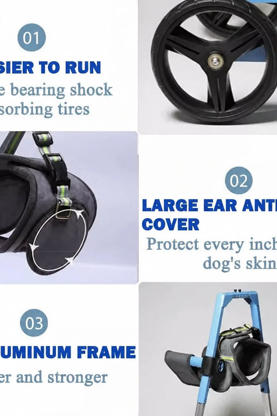 FrontRise Pro key features: double-bearing shock-absorbing wheels for easier running, anti-wear ear cover to protect the dog's skin, and a lightweight all-aluminum frame.