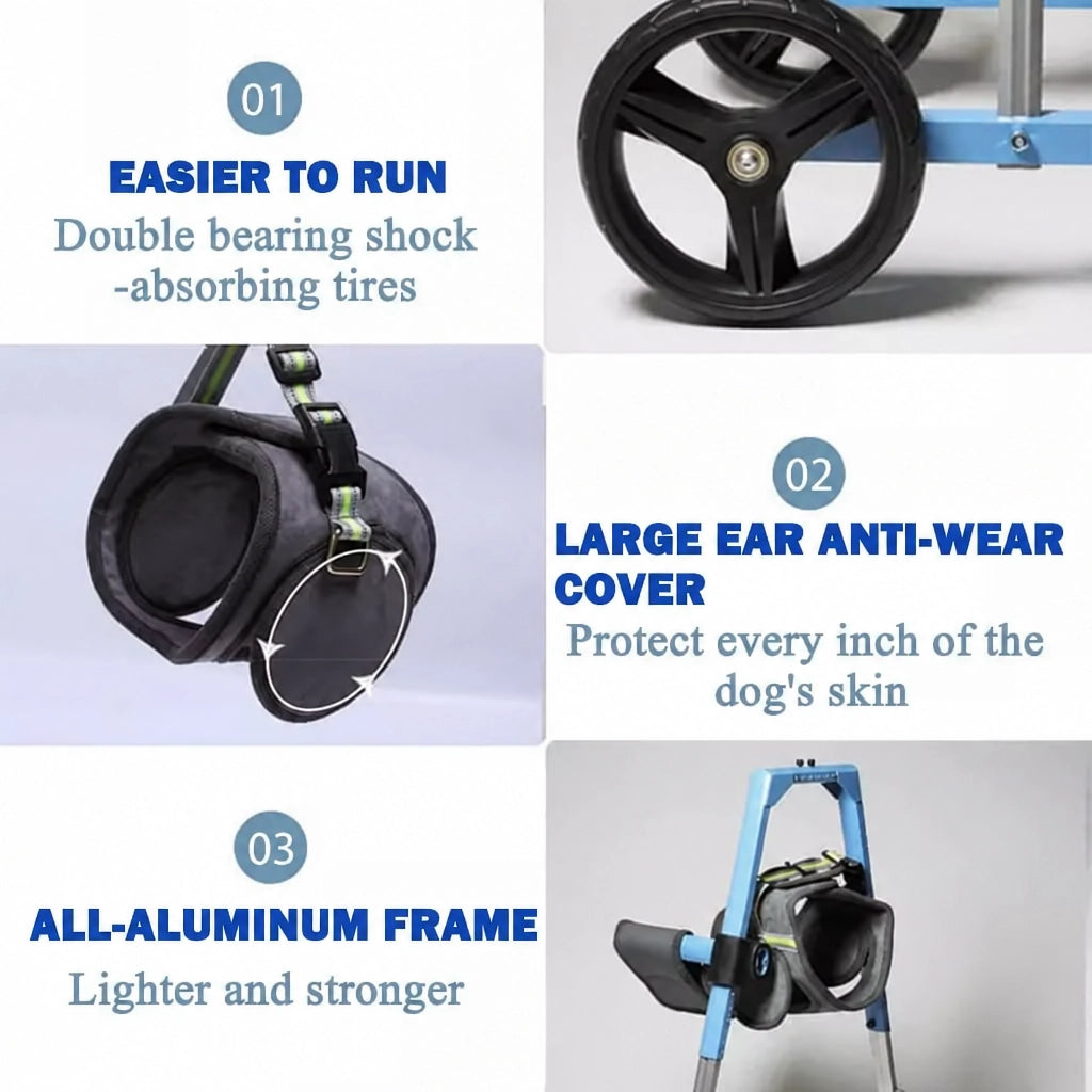 FrontRise Pro key features: double-bearing shock-absorbing wheels for easier running, anti-wear ear cover to protect the dog's skin, and a lightweight all-aluminum frame.