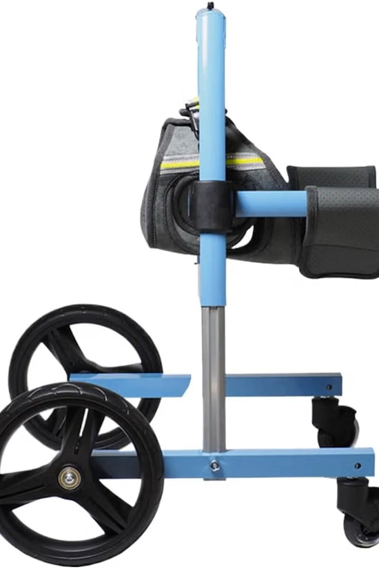FrontRise Pro front-leg dog wheelchair frame and harness with a matte blue finish, shown without a dog on a white background.