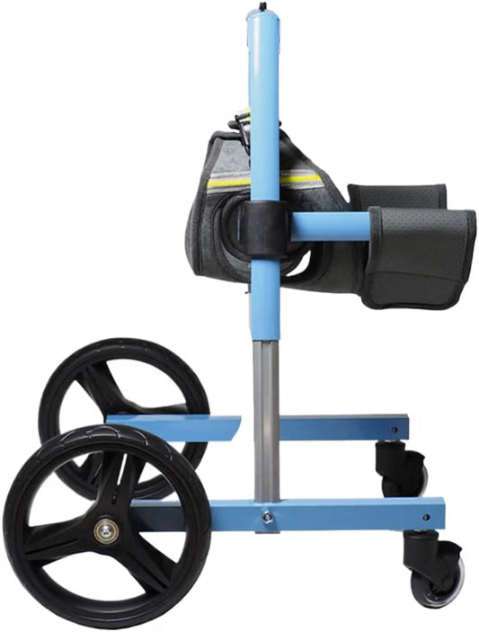 FrontRise Pro front-leg dog wheelchair frame and harness with a matte blue finish, shown without a dog on a white background.