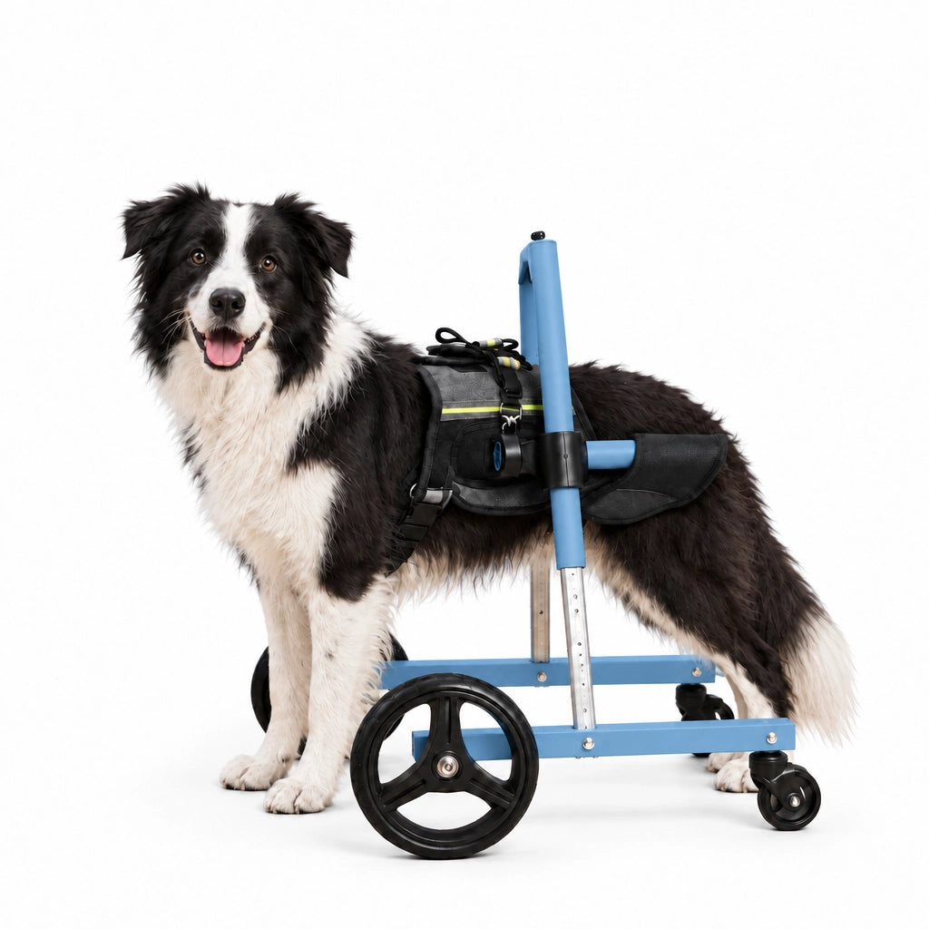 Border Collie standing on all four legs wearing the FrontRise Pro front-leg wheelchair with a matte blue frame, three-quarter front view on a white background.