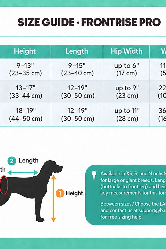 FrontRise Pro size guide chart showing height, length, hip width, and weight ranges for sizes XS, S, and M.