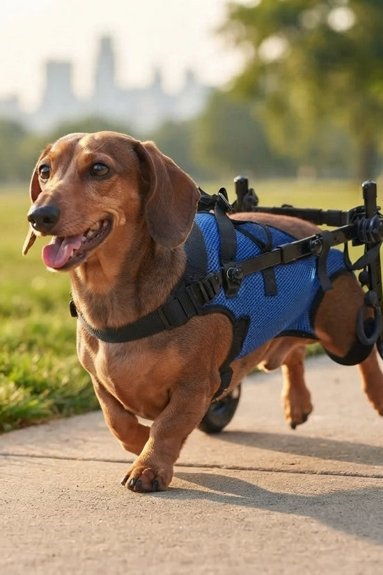 Dachshund dog running outdoors in Loyal Stride Cart wheelchair – rear leg support for small breeds
