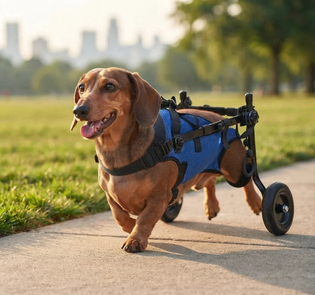 Dachshund dog running outdoors in Loyal Stride Cart wheelchair – rear leg support for small breeds
