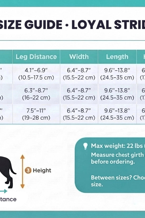 Loyal Stride Cart size guide chart – wheelchair sizing for small to medium dogs by weight and body measurements