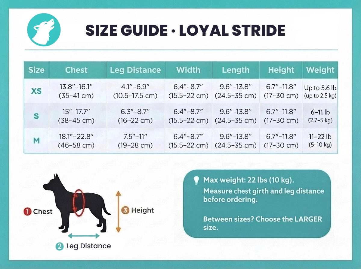 Loyal Stride Cart size guide chart – wheelchair sizing for small to medium dogs by weight and body measurements