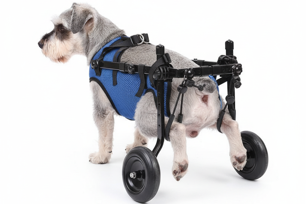 Schnauzer using Loyal Stride Cart wheelchair for rear leg support