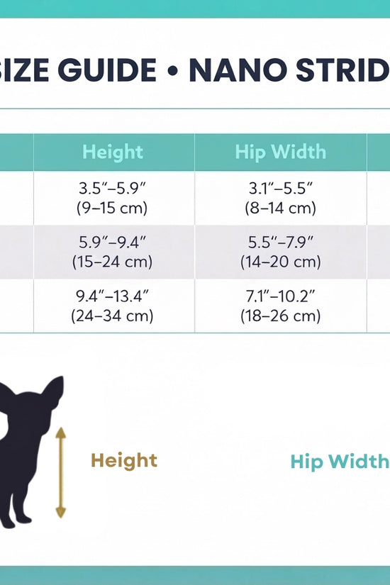 Nano Stride Cart size guide chart for toy and small dogs XXS XS S with measurements in inches and cm
