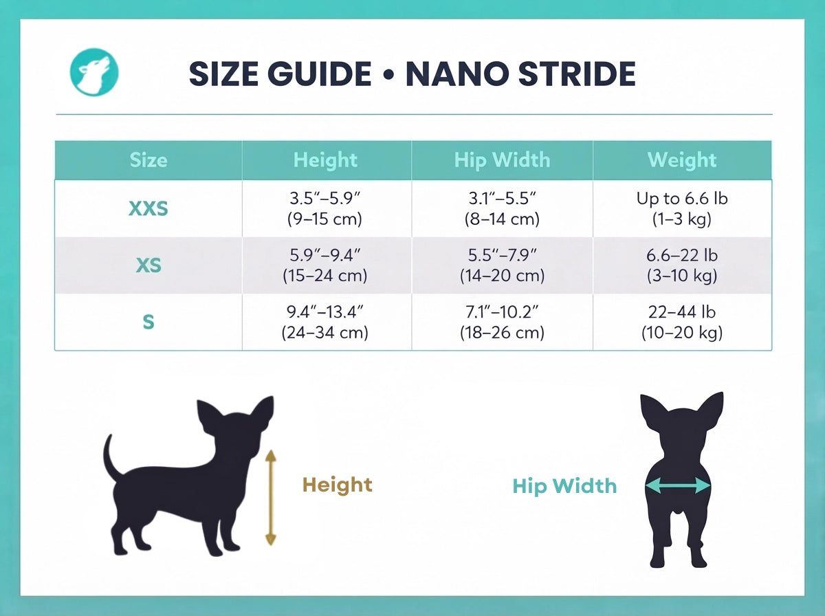 Nano Stride Cart size guide chart for toy and small dogs XXS XS S with measurements in inches and cm
