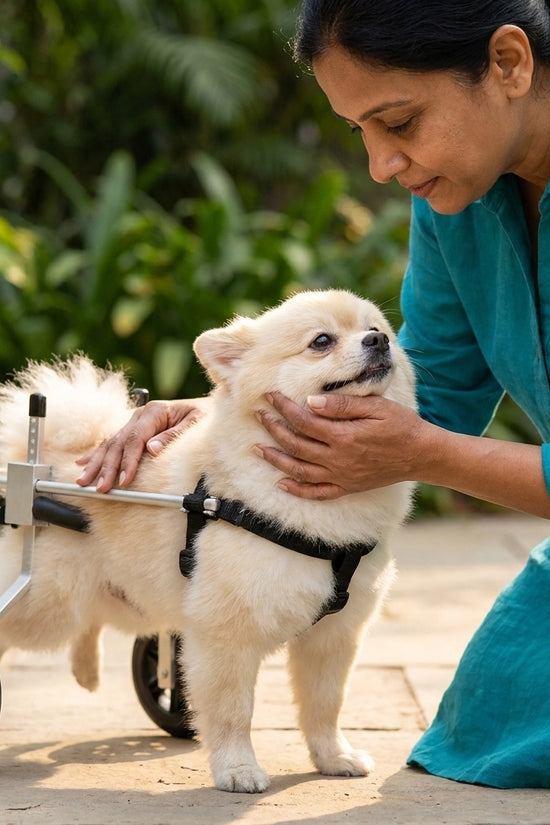 Small Pomeranian dog in hind-leg wheelchair supported by owner outdoors
