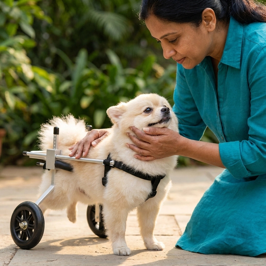 Small Pomeranian dog in hind-leg wheelchair supported by owner outdoors