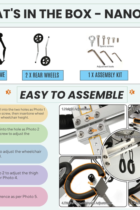 Nano Stride Cart wheelchair package contents: main harness and frame, 2 rear wheels, assembly kit, and assembly manual with 5-step adjustment guide