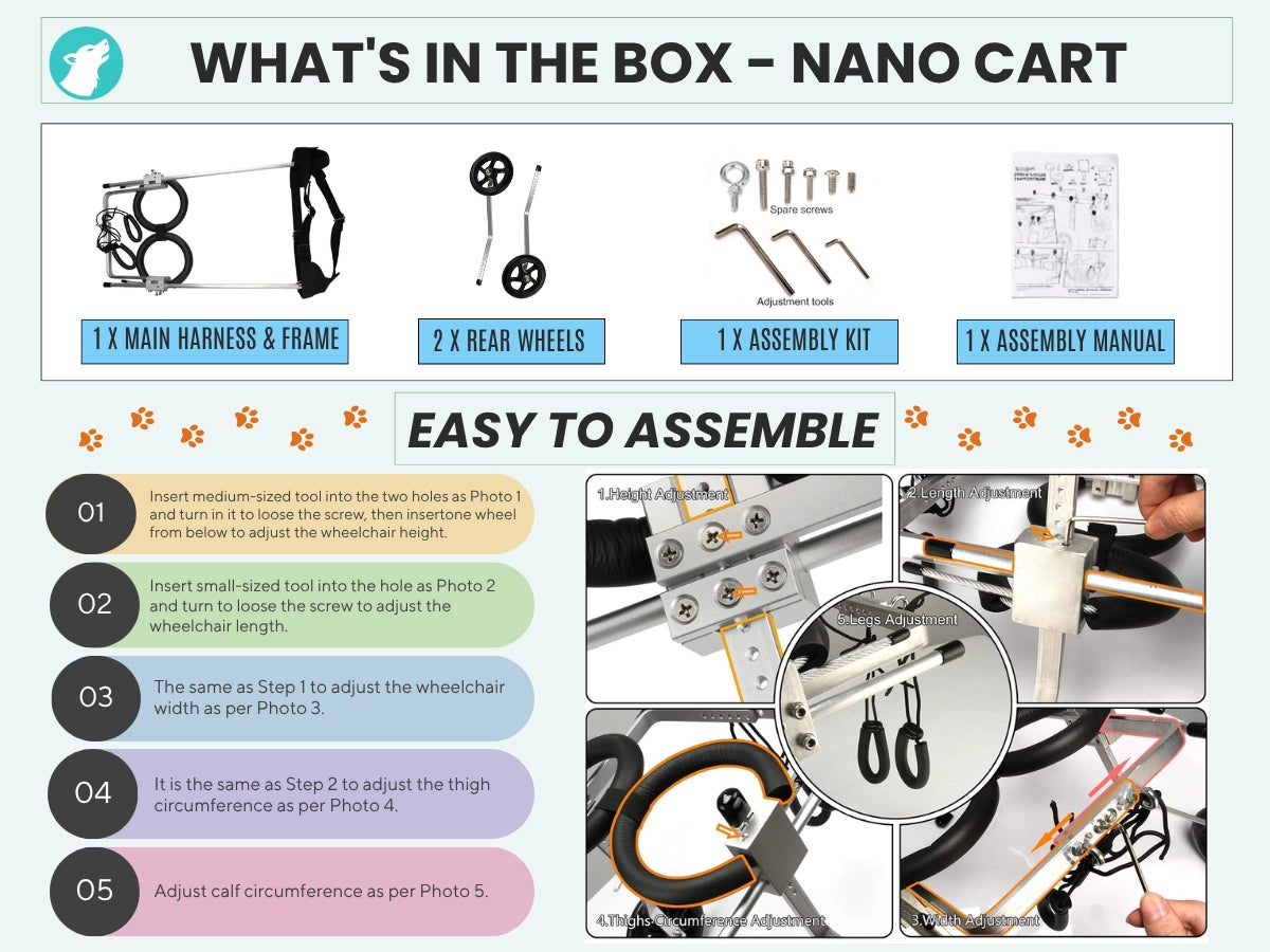 Nano Stride Cart wheelchair package contents: main harness and frame, 2 rear wheels, assembly kit, and assembly manual with 5-step adjustment guide