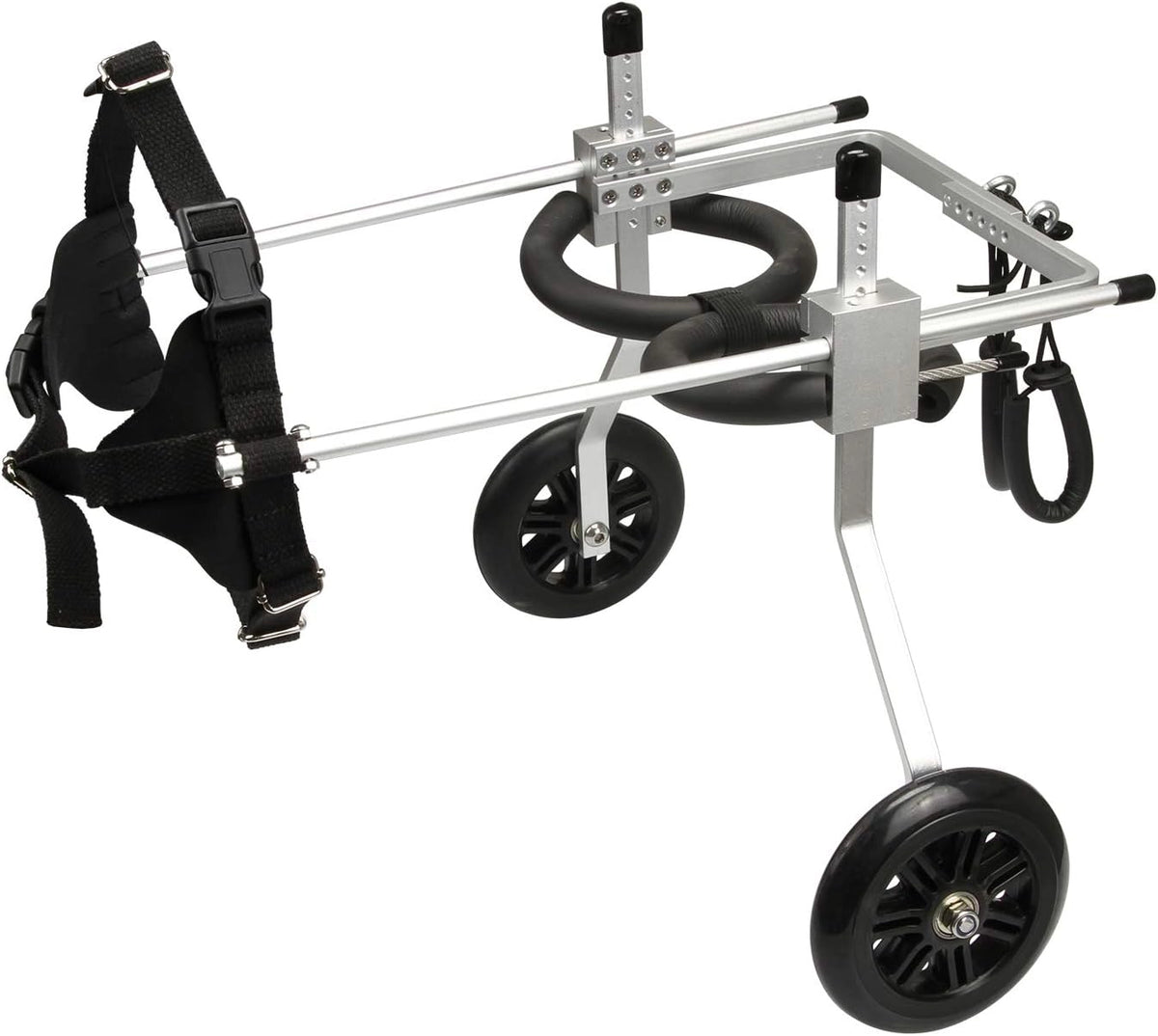 Nano Stride Cart dog wheelchair side view showing aluminum frame, harness, and rubber wheels