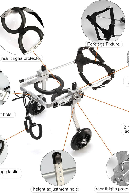 Nano Stride Cart features diagram showing rear thighs protector, width and height adjustment, forelegs fixture, and hind legs hanging protector