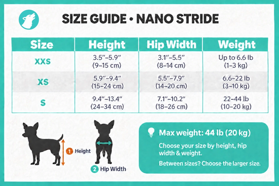Nano Stride dog wheelchair size guide with measurement diagrams and sizing chart