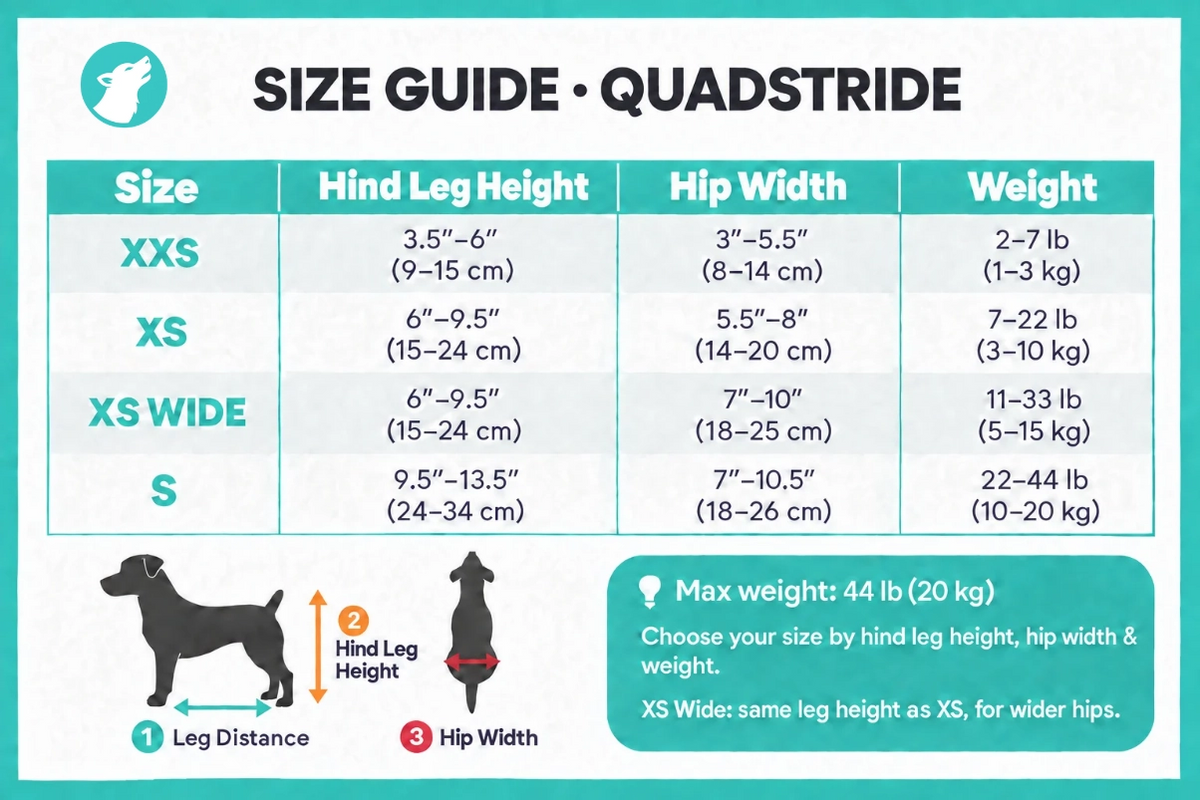 QuadStride dog wheelchair size guide with measurement diagrams and sizing chart