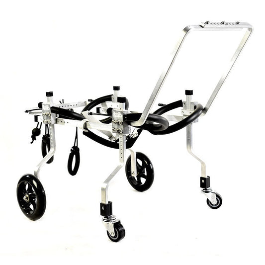 QuadStride four-wheel dog wheelchair shown without a dog, angled view