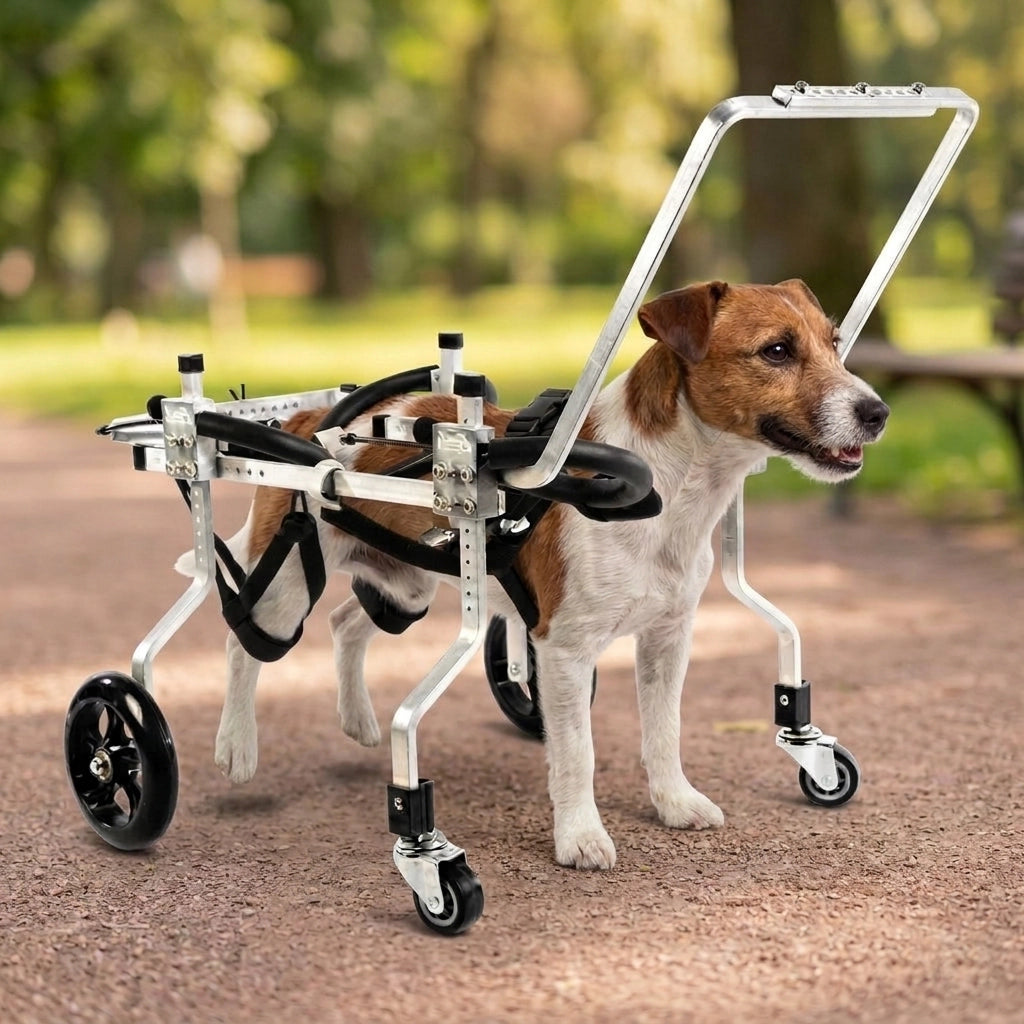 Jack Russell using the QuadStride four-wheel dog wheelchair on a sunny park path