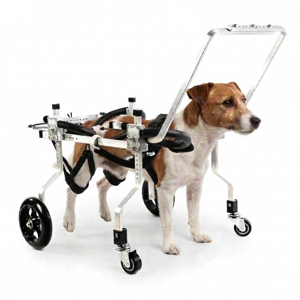 Jack Russell using the QuadStride four-wheel dog wheelchair on a white background