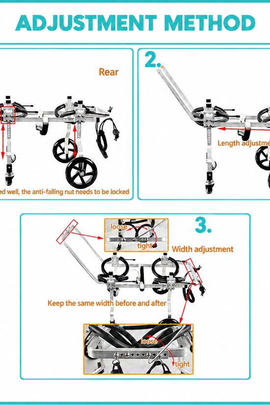 QuadStride wheelchair adjustment guide showing height, length and width settings