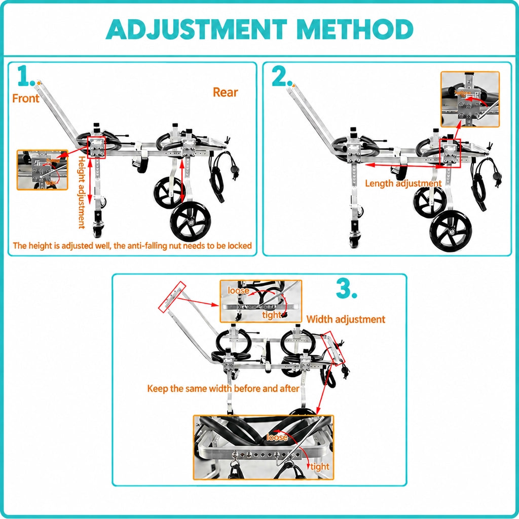 QuadStride wheelchair adjustment guide showing height, length and width settings