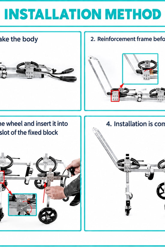 Four-step guide showing how to assemble the QuadStride wheelchair