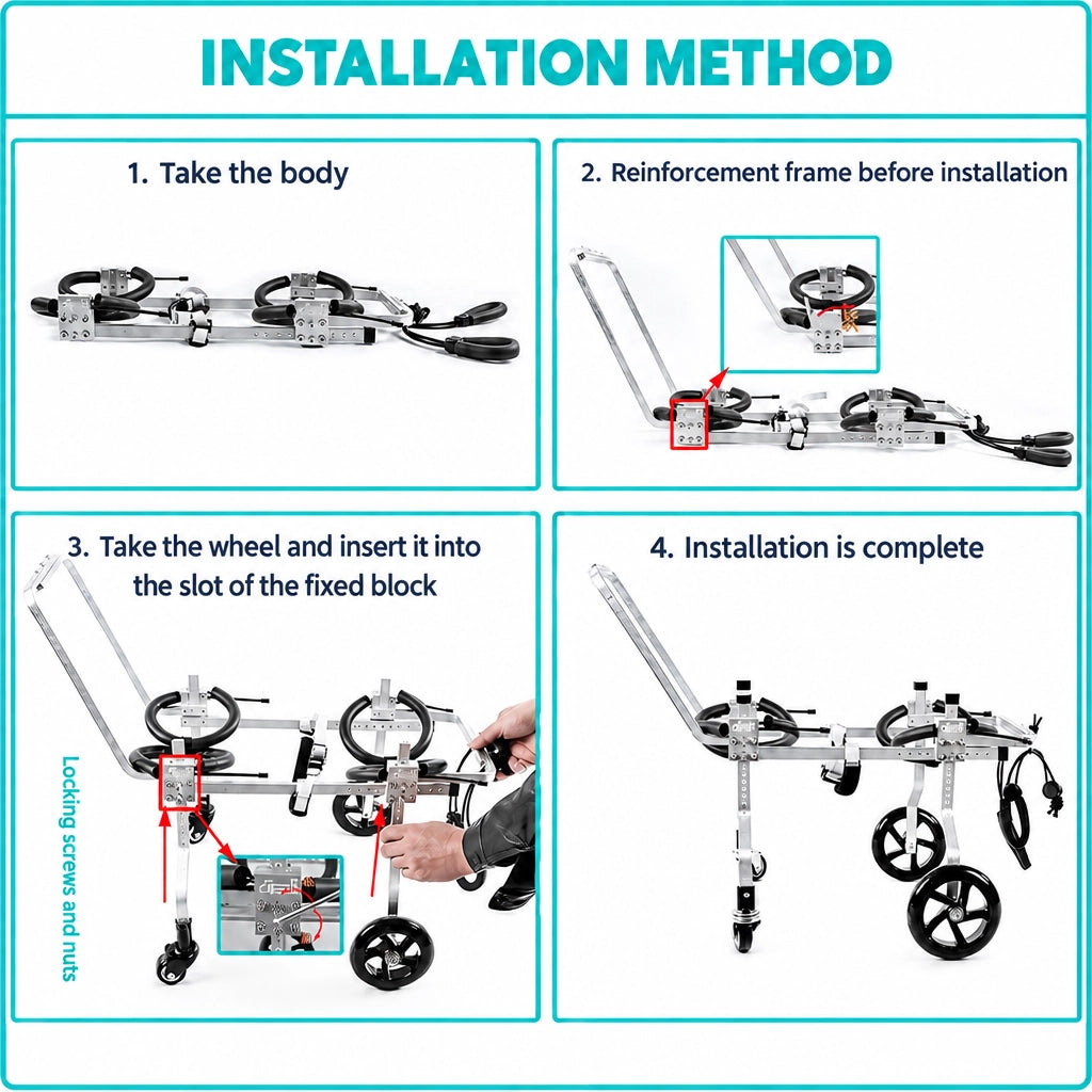 Four-step guide showing how to assemble the QuadStride wheelchair