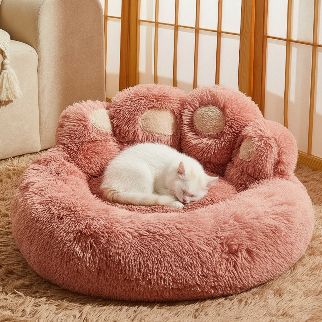 Small cat in pink bed