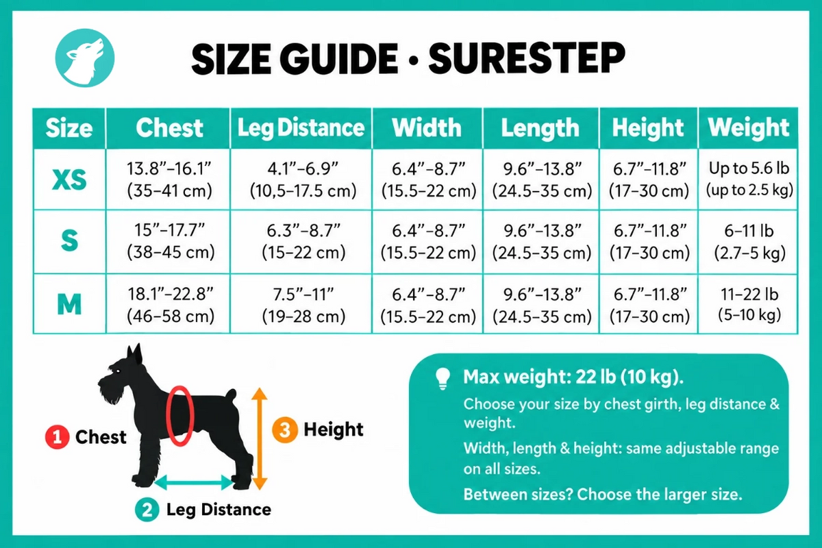 SureStep dog wheelchair size guide with measurement diagrams and sizing chart