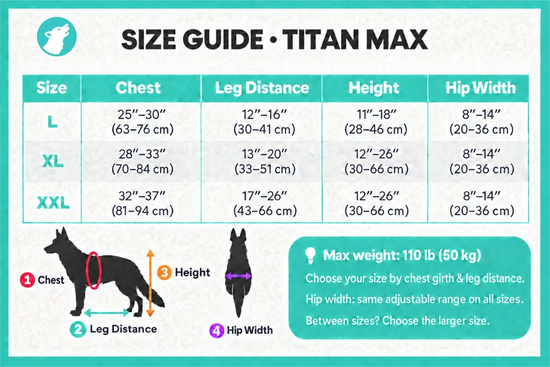 Titan Max dog wheelchair size guide with measurement diagram and sizing chart